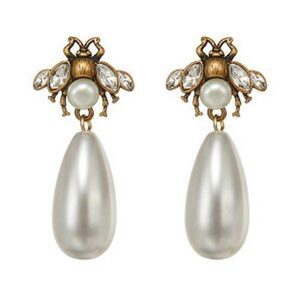 Deco HONEY BEE DROP EARRINGS  W/ TEARDROP PEARL Crystals Antiqued Gold